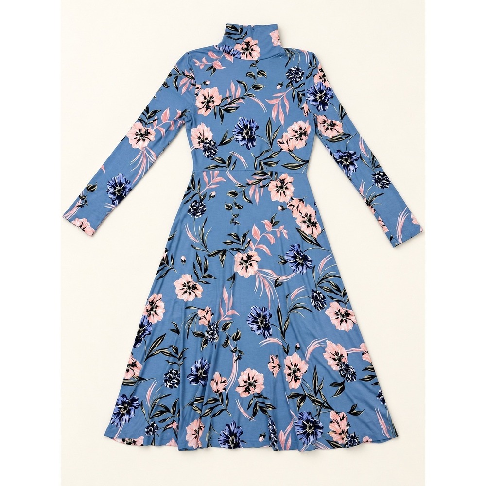 YUMI KIM Blue Floral Mock Neck Long Sleeve Flare Jersey Dress Large